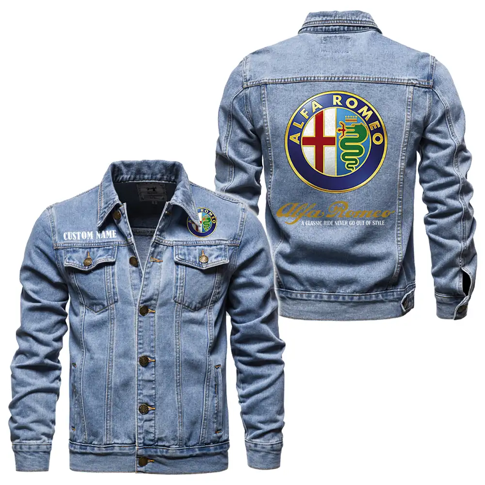 Alfa Romeo Denim jacket Vintage Style Black, Light-Blue and Dark-Blue Color, Customize name, Logo Car or motor model, Denim clothing - Image 3