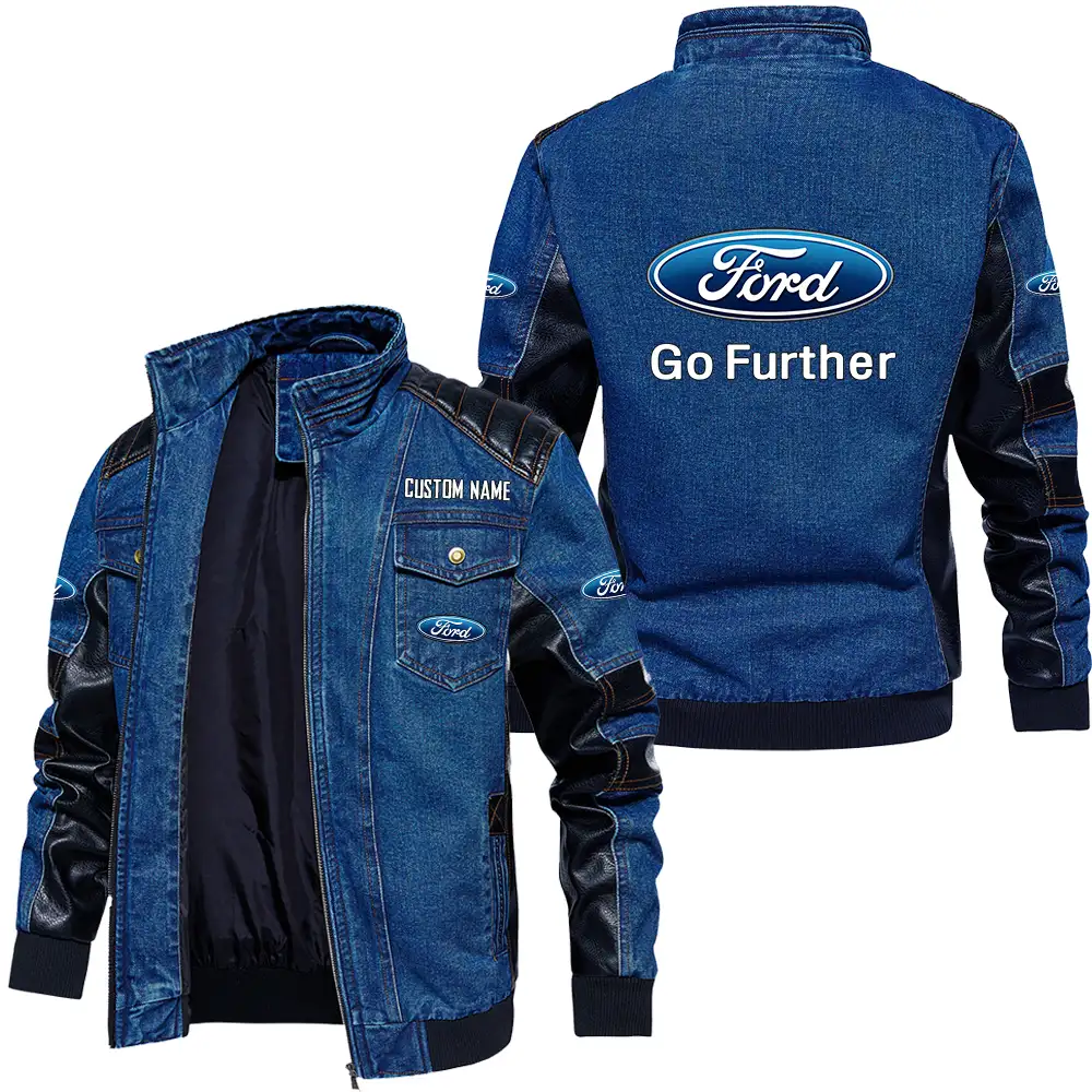 Ford Motor Company Vintage-Inspired Men's Denim Jacket - PU Leather, Zip Closure, Stand Collar with Pockets Customize Name and Logo Car or Motorcycles model - Image 3