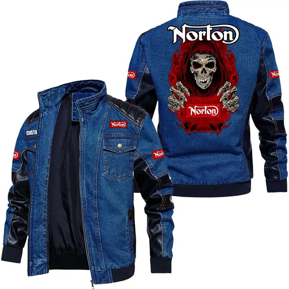 Norton Motorcycle Vintage-Inspired Men's Denim Jacket - PU Leather 9193, Zip Closure, Stand Collar with Pockets Customize Name and Logo Car or Motorcycles model Skull MTL01 - Image 3