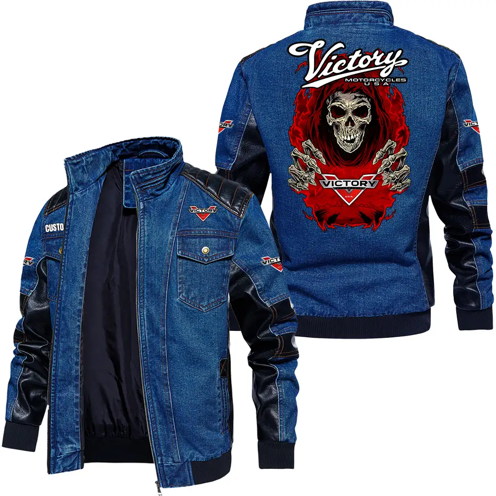 Victory Motorcycles Vintage-Inspired Men's Denim Jacket - PU Leather 9193, Zip Closure, Stand Collar with Pockets Customize Name and Logo Car or Motorcycles model Skull MTL01 - Image 3