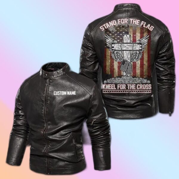 Personalized Leather Jacket Stand For The Flag - Kneel For The Cross