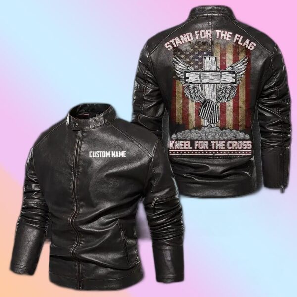 Personalized Leather Jacket Stand For The Flag - Kneel For The Cross