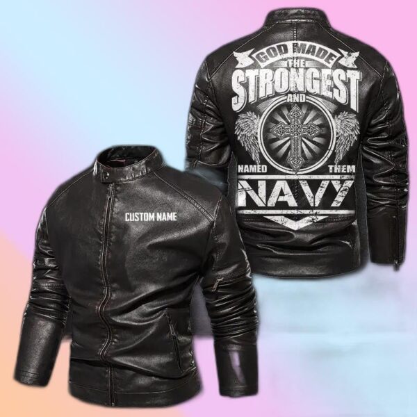 Personalized Leather Jacket God Made The Strongest And Named Them Navy