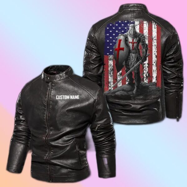 Personalized Leather Jacket Knight And American Flag