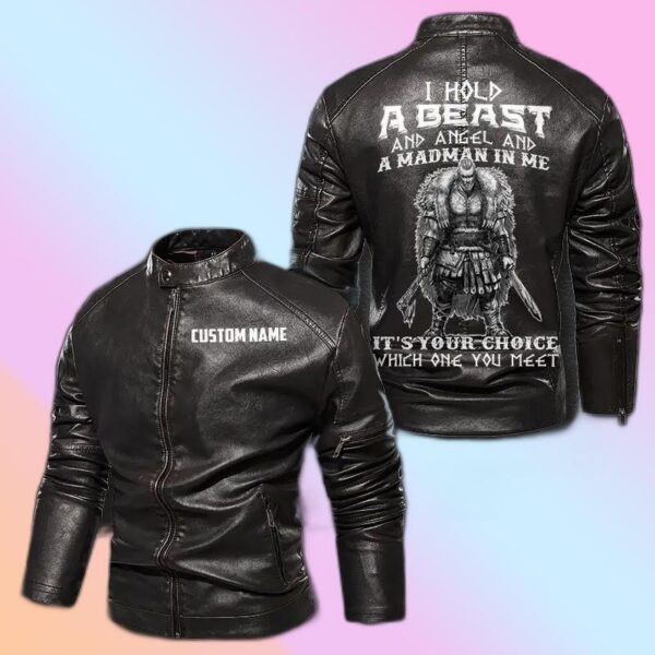 Personalized Leather Jacket I Have A Beast And Angel And A Madman Inside Me Viking Motorcycle Rider