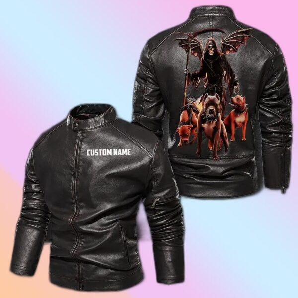 Personalized Leather Jacket Hell Army Skull Motorcycle