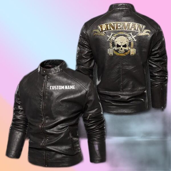 Personalized Leather Jacket Golden Lineman Skull