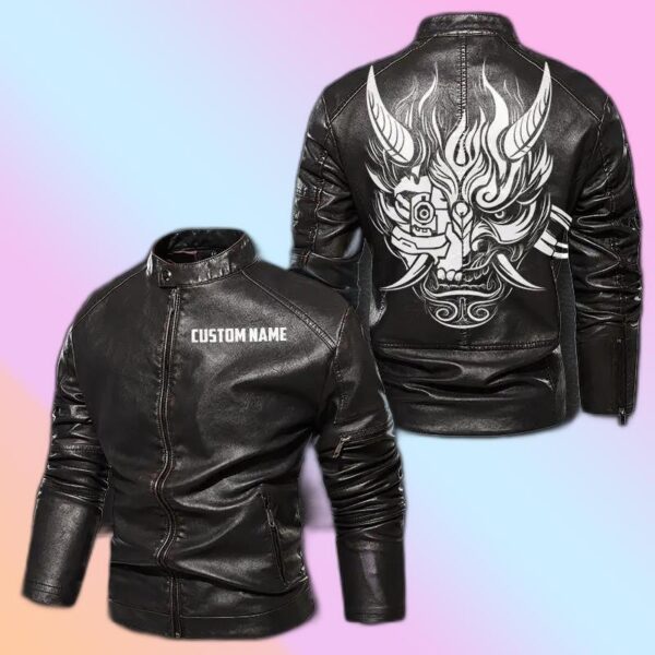 Personalized Leather Jacket Samurai Devil Mask Cyberpunk 2077 Motorcycle Leather Jacket, Plus Size