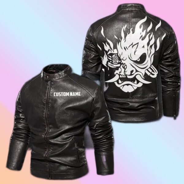 Personalized Leather Jacket Samurai Mask Cyberpunk 2077 Motorcycle Leather Jacket, Plus Size