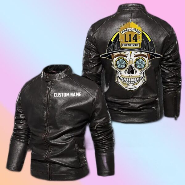 Personalized Leather Jacket Firefighter Sugar Skull