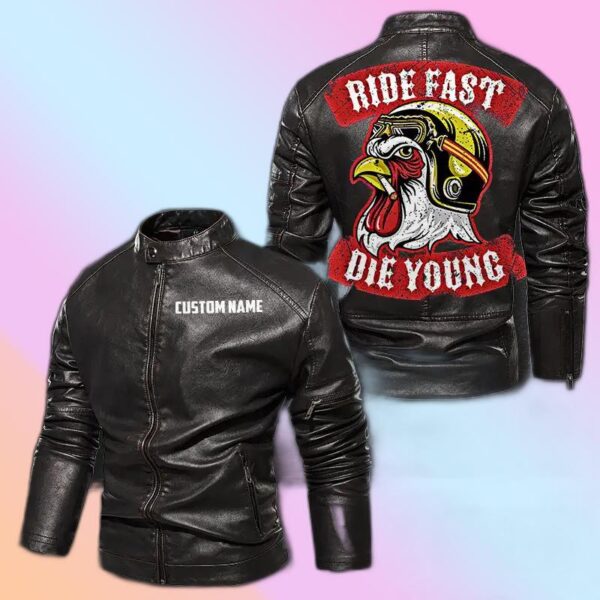 Personalized Leather Jacket Ride Fast Die Young Helmet Chicken