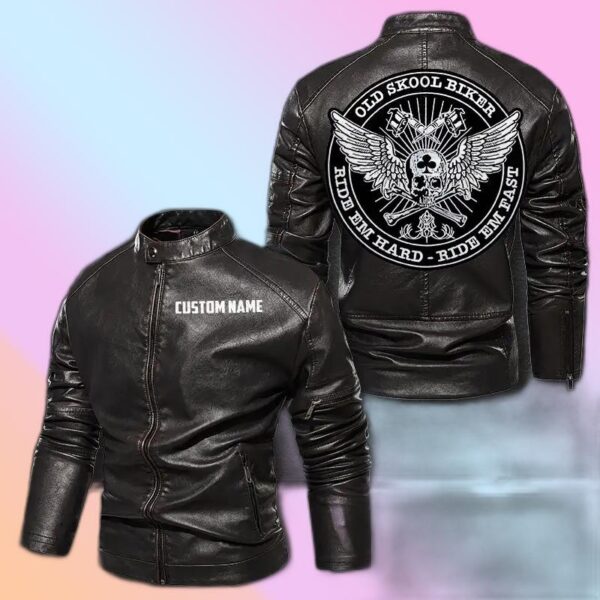 Personalized Leather Jacket Old School Biker Ride em Hard Ride em Fast
