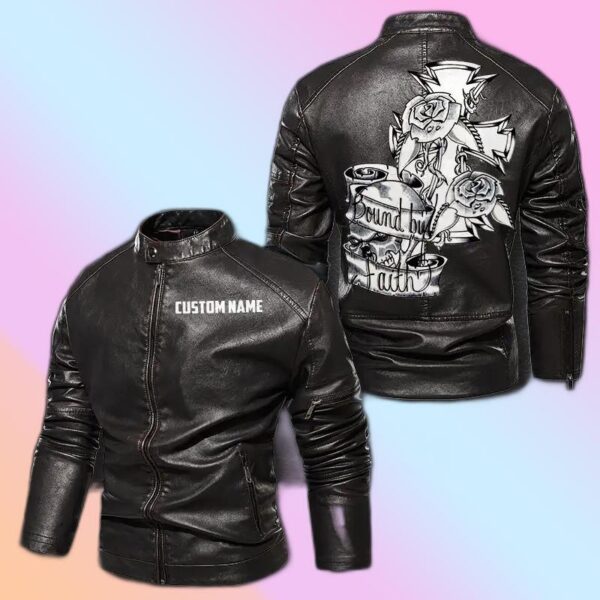 Personalized Leather Jacket Cross And Skull Bound By Faith