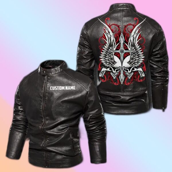 Personalized Leather Jacket Bloody Cross Skulls And Wings