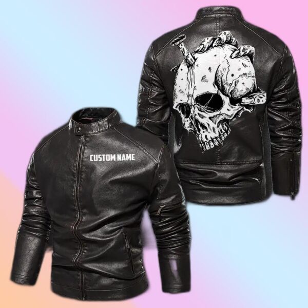 Personalized Leather Jacket Hand Holds Skiked Skull