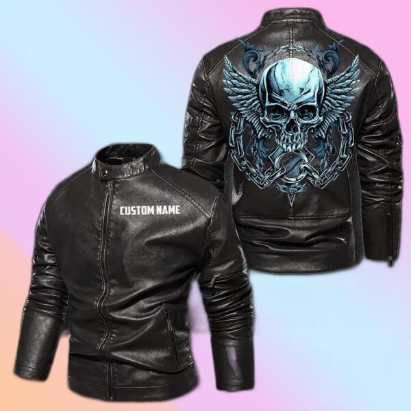 Personalized Leather Jacket Blue Chained Skull