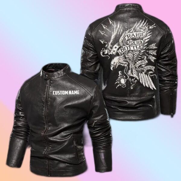 Personalized Leather Jacket Raise Your Bottle Eagle
