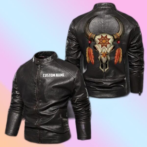 Personalized Leather Jacket Native Buffalo Skull